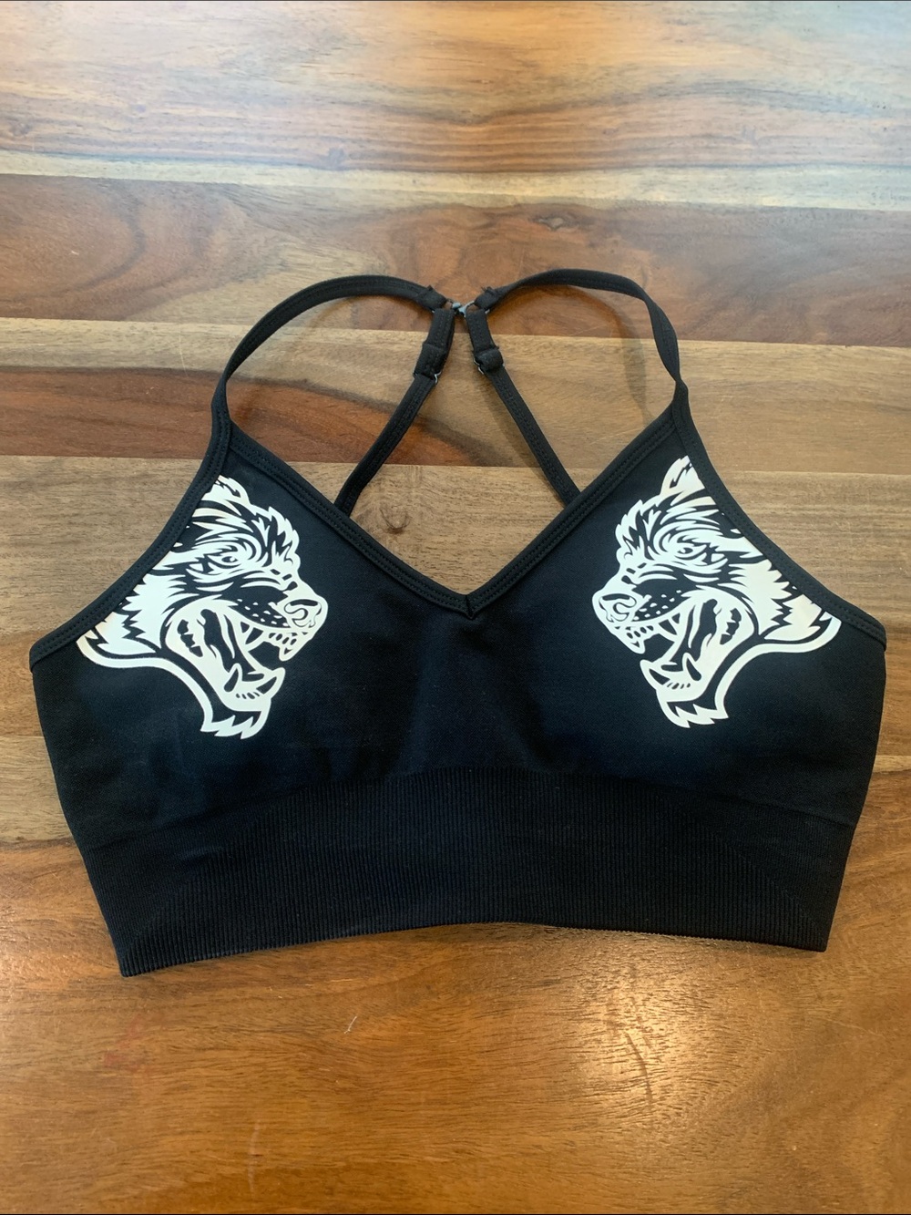 Darc Sport Black Strappy Sports Bra with White Wolf Graphics